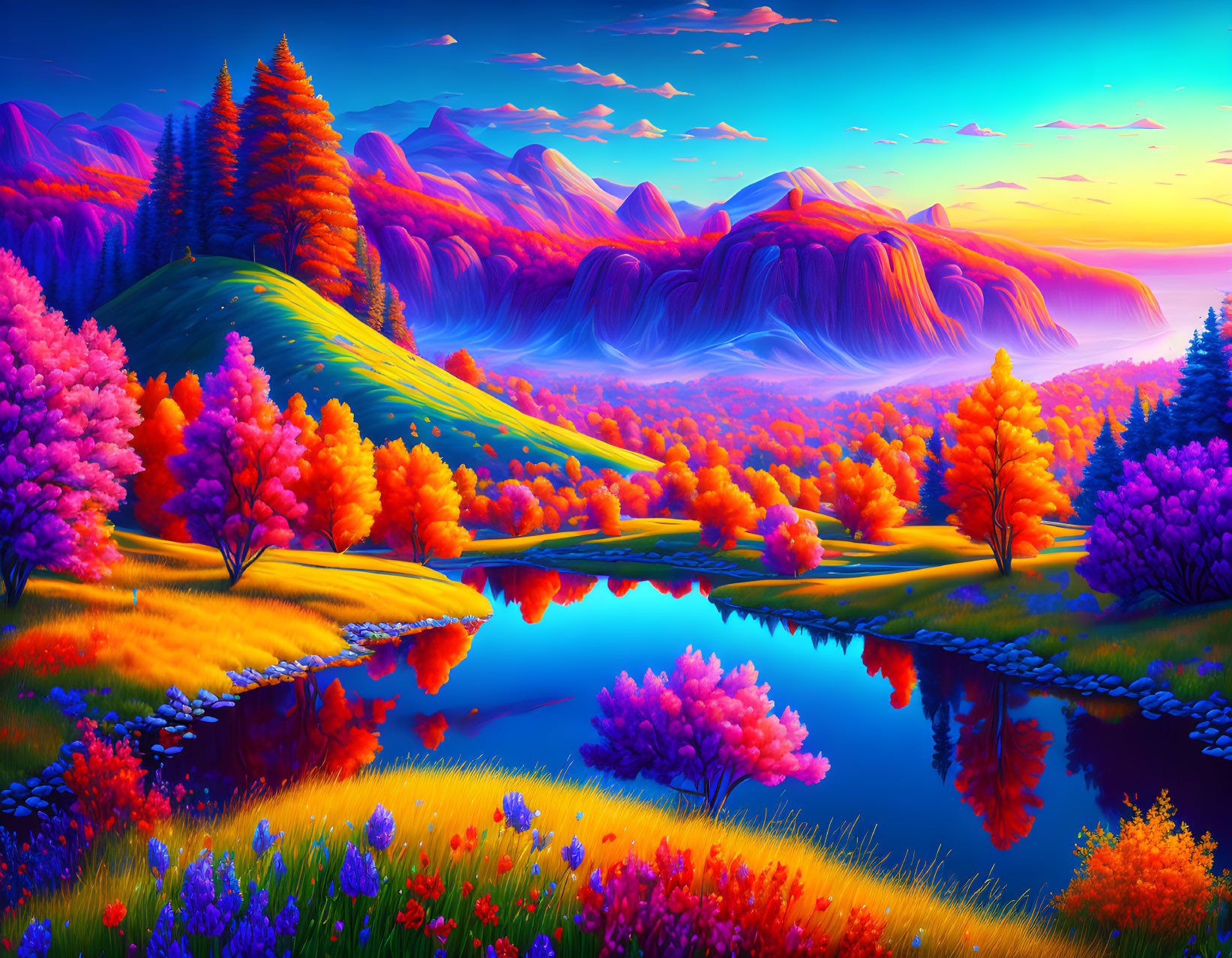 Colorful Trees, River, Hills, and Misty Mountains in Bright Landscape