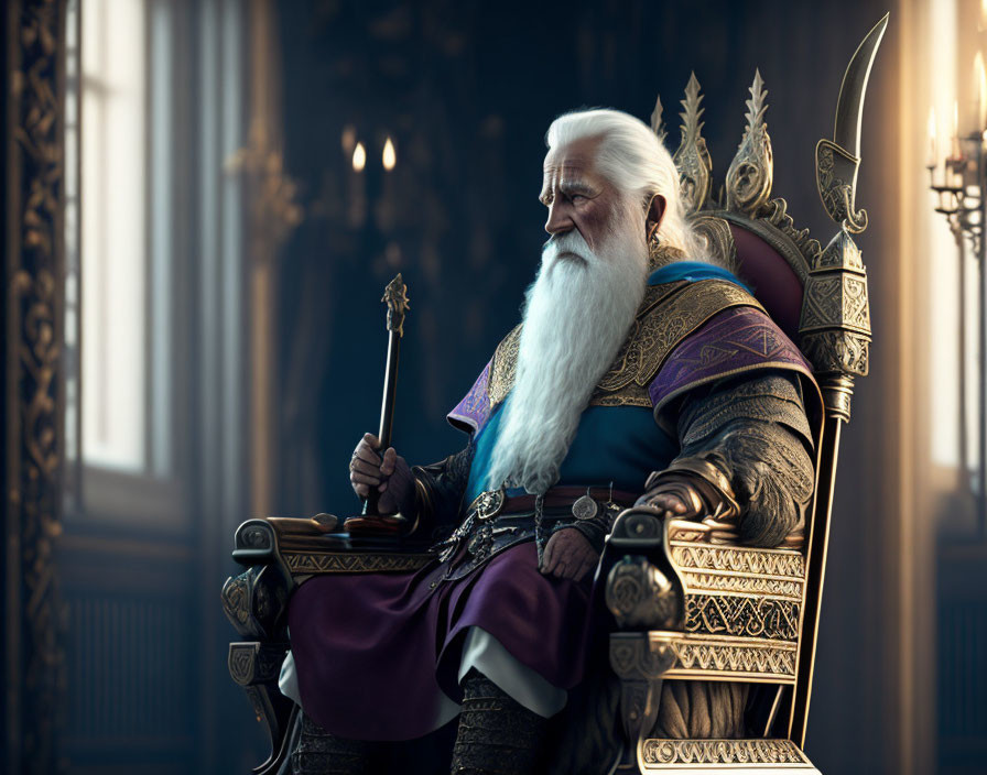 Regal elderly man with white beard on throne with scepter in royal attire