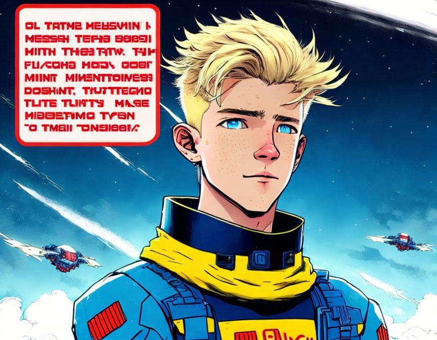 Blond male in yellow and blue spacesuit with futuristic space backdrop