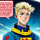 Blond male in yellow and blue spacesuit with futuristic space backdrop