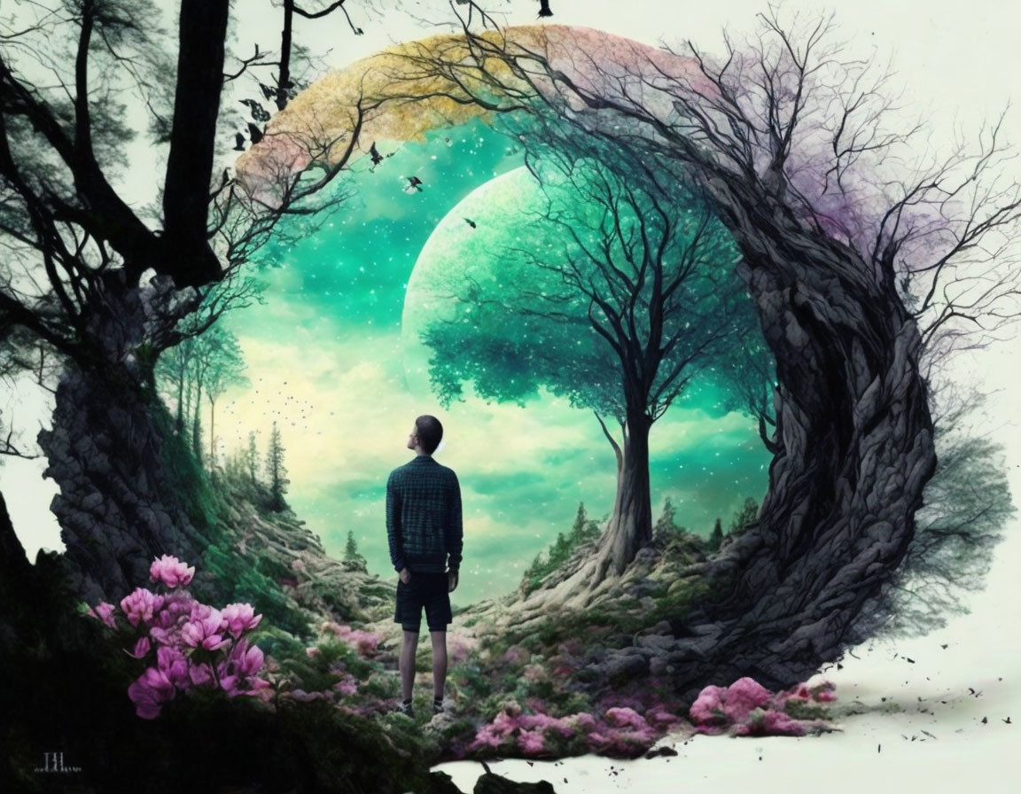 Man standing in surreal landscape with circular portal of trees, vibrant flora, and crescent moon