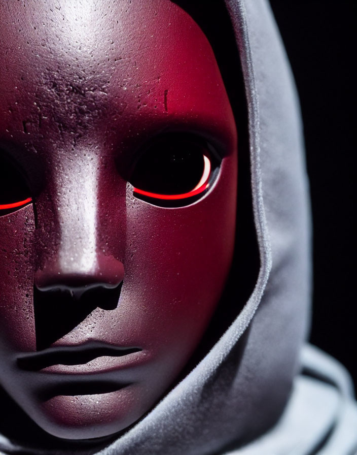 Mask with Glowing Red Eyes and Hood: Mysterious and Intense Look