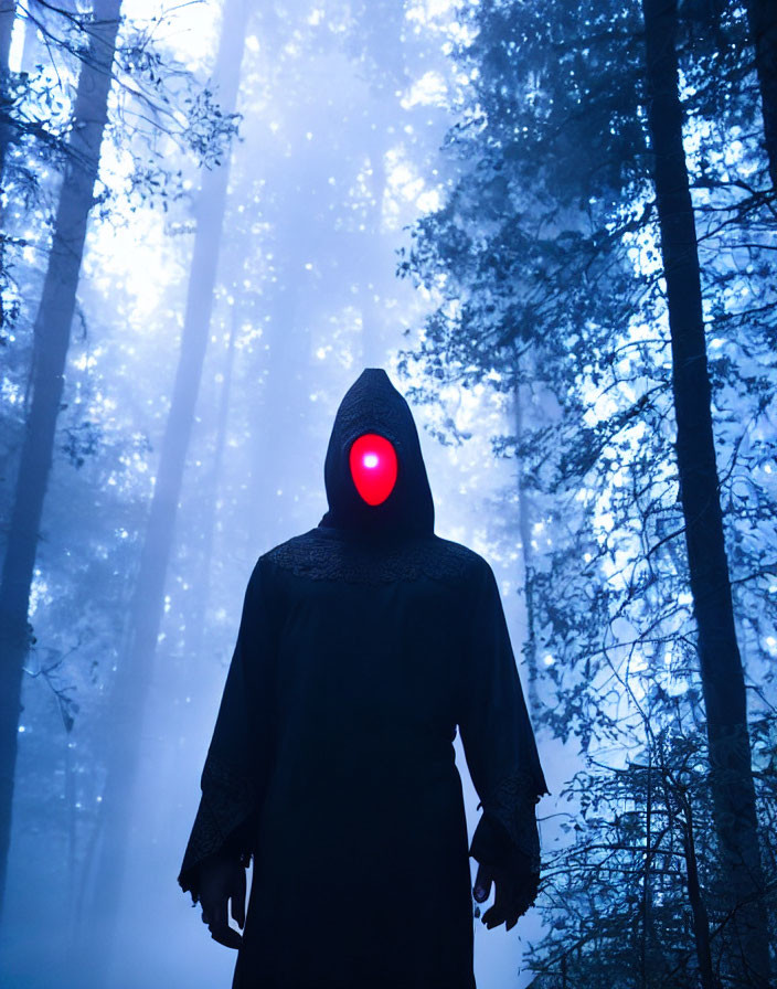 Hooded figure with glowing red eye in foggy forest