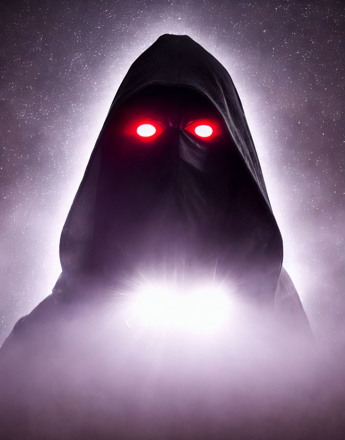 Hooded Figure with Glowing Red Eyes and Bright Chest Light Against Starry Background