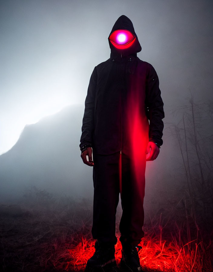 Figure in dark attire with red glowing lights in misty setting