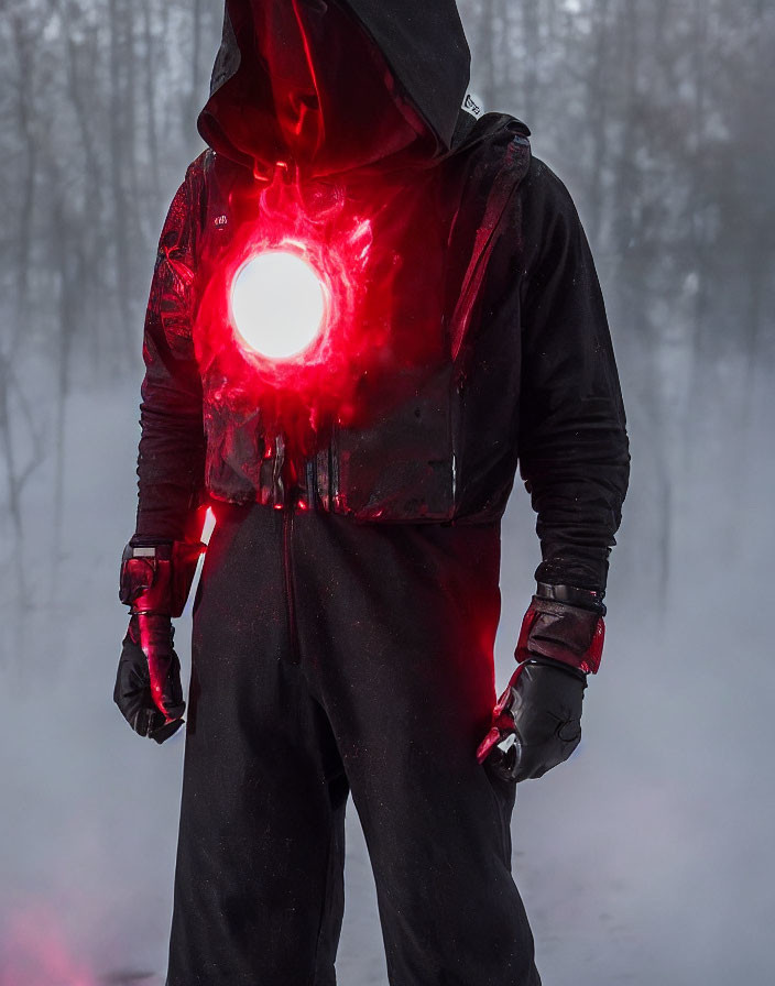 Hooded figure with red chest light in snowy forest