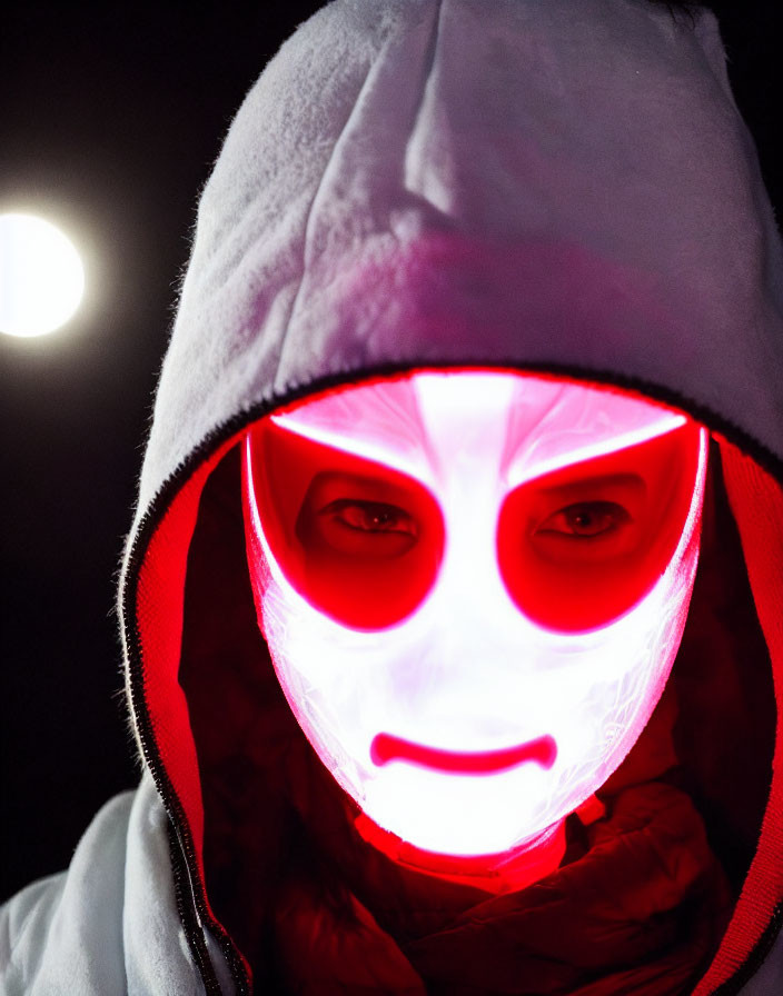 Hooded figure with glowing red mask in dark setting