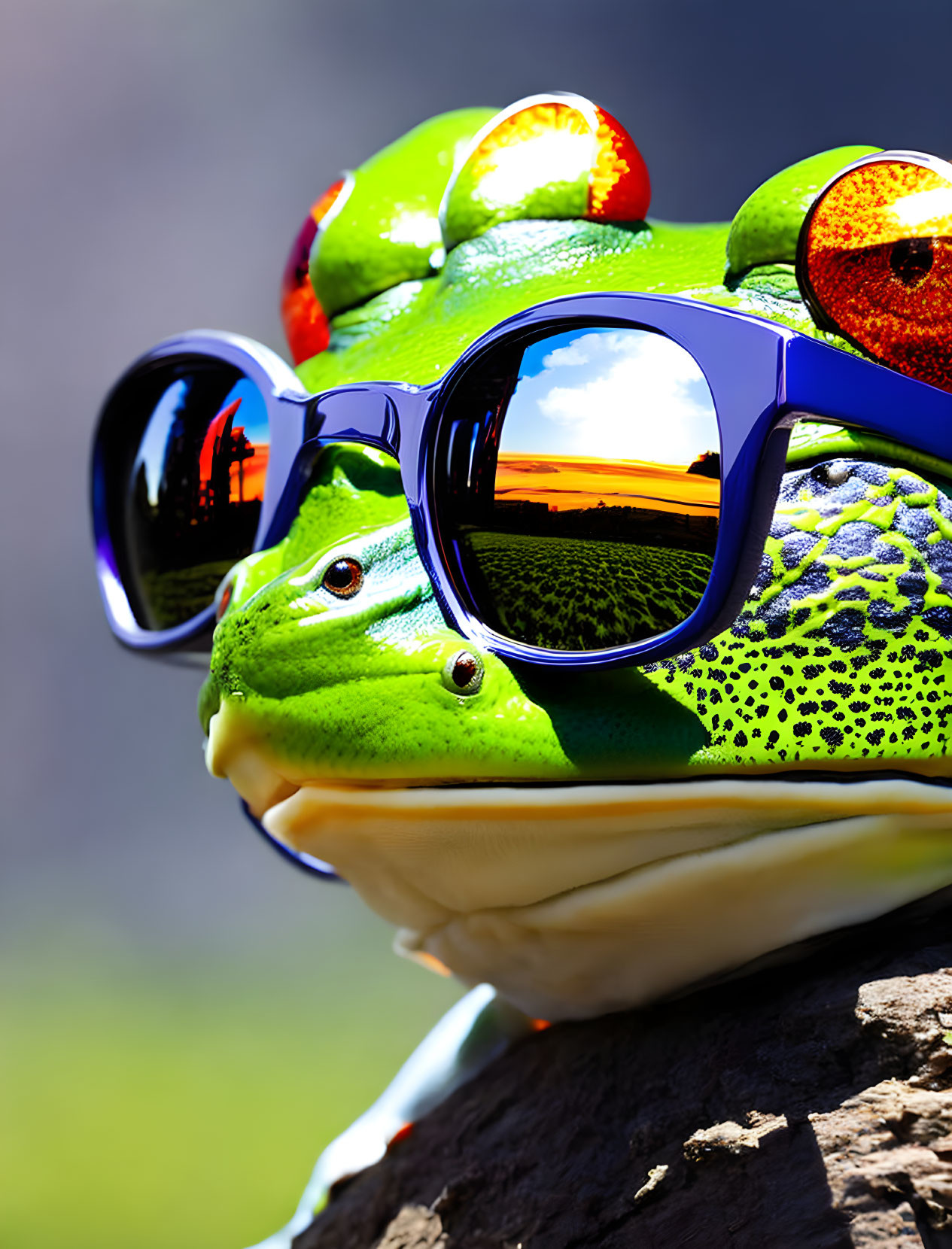 Colorful Frog Figurine with Oversized Sunglasses Reflecting Vibrant Landscape