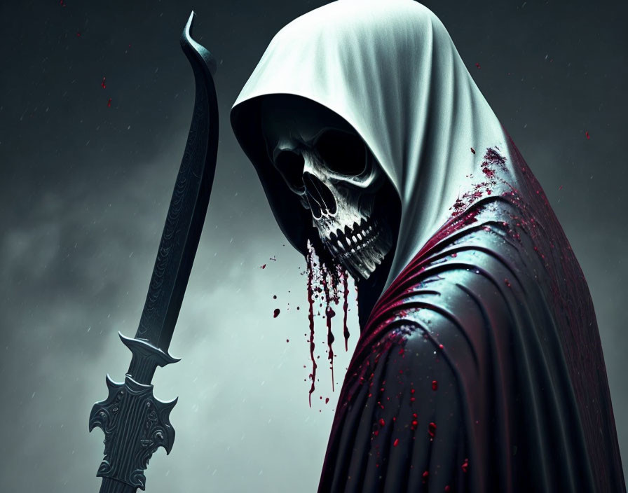 Sinister skeletal figure in hooded cloak wields scythe on stormy backdrop