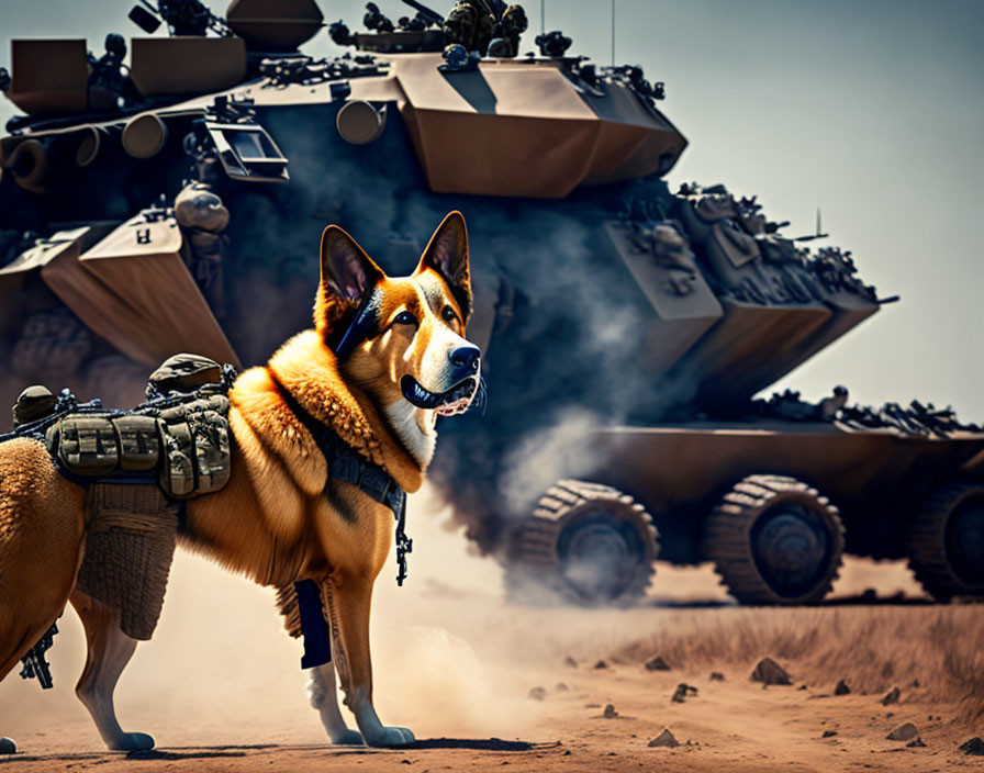 Military dog in vest with tanks in desert scene