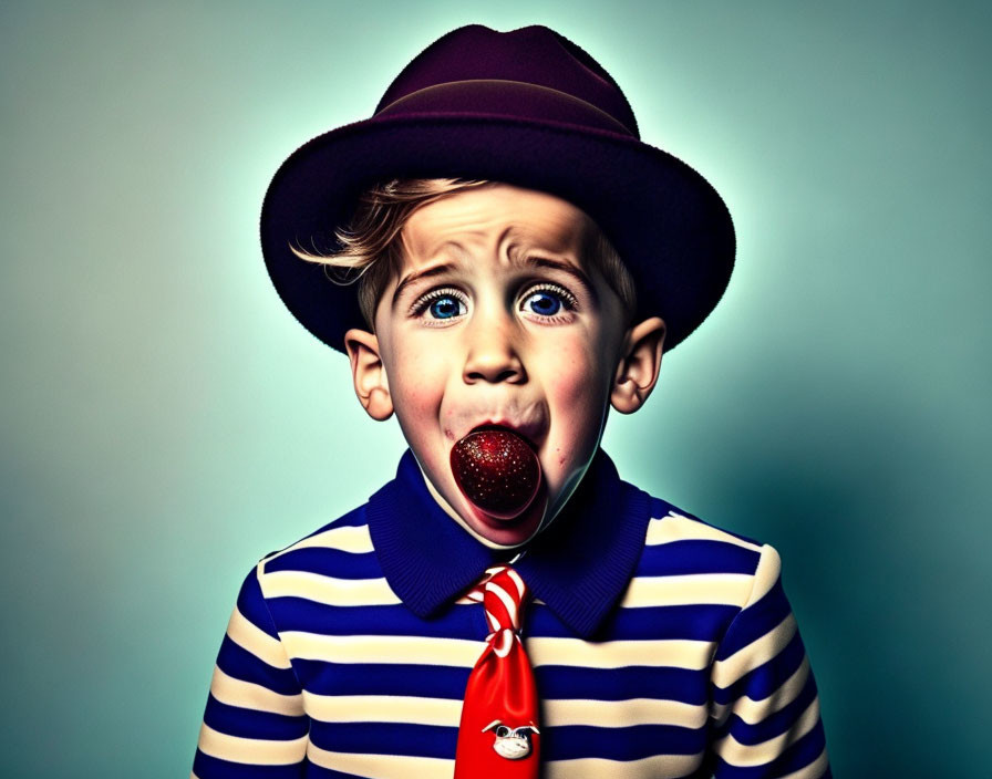 Wide-eyed boy in striped shirt and red tie, purple hat, with red lollipop.