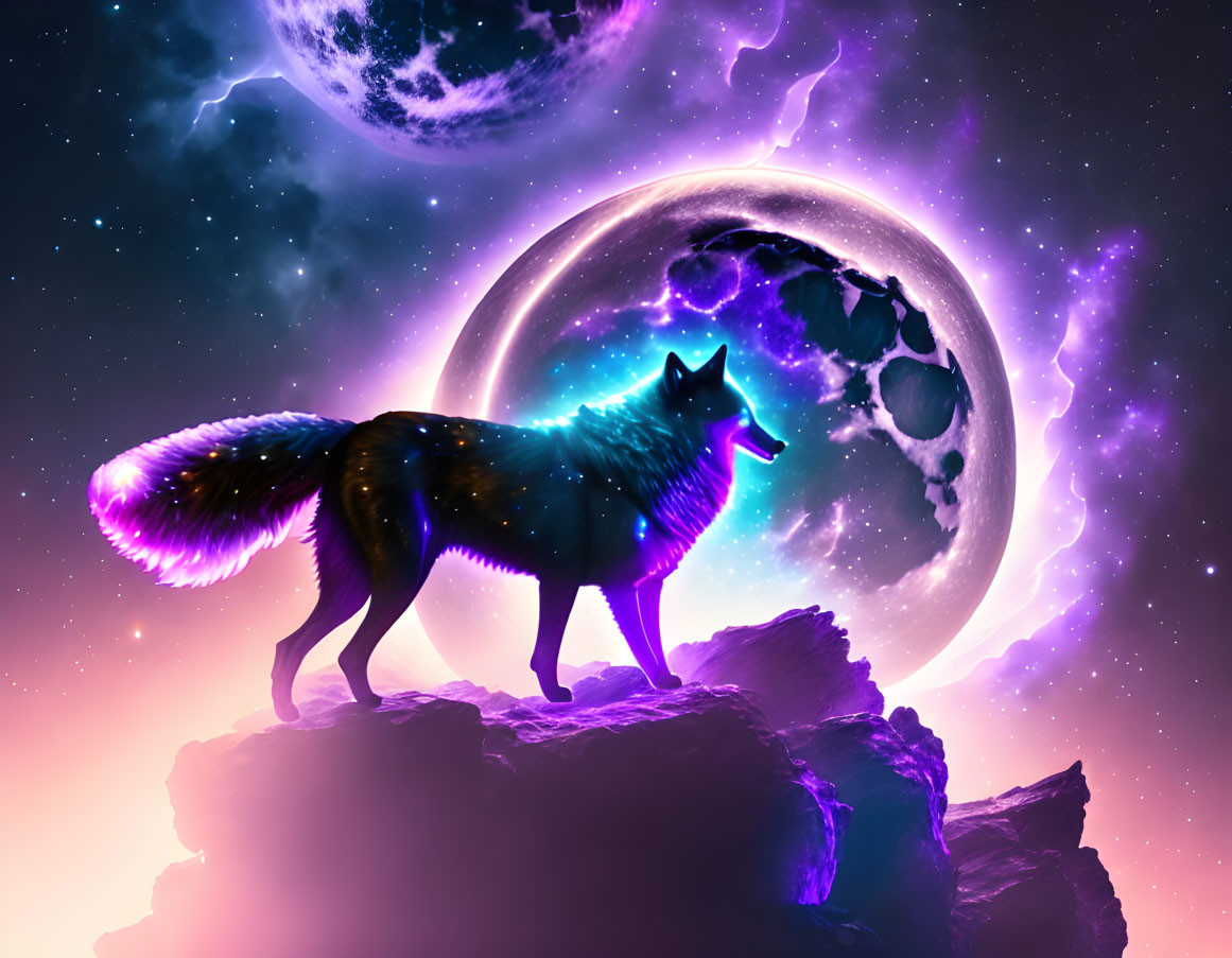 Neon-outlined wolf on rocky outcrop with cosmic backdrop.