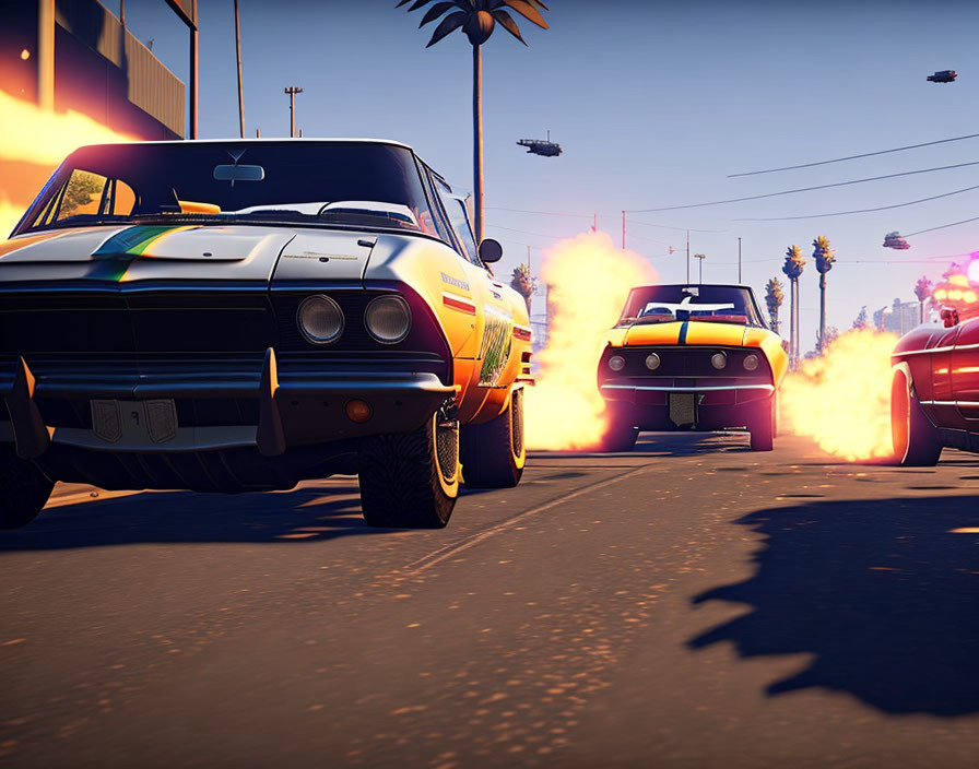 Muscle cars racing with nitrous oxide boosts at sunset with palm trees in the background