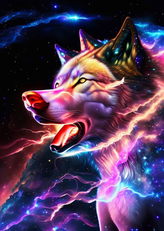 Colorful Cosmic Wolf Illustration with Nebula Background