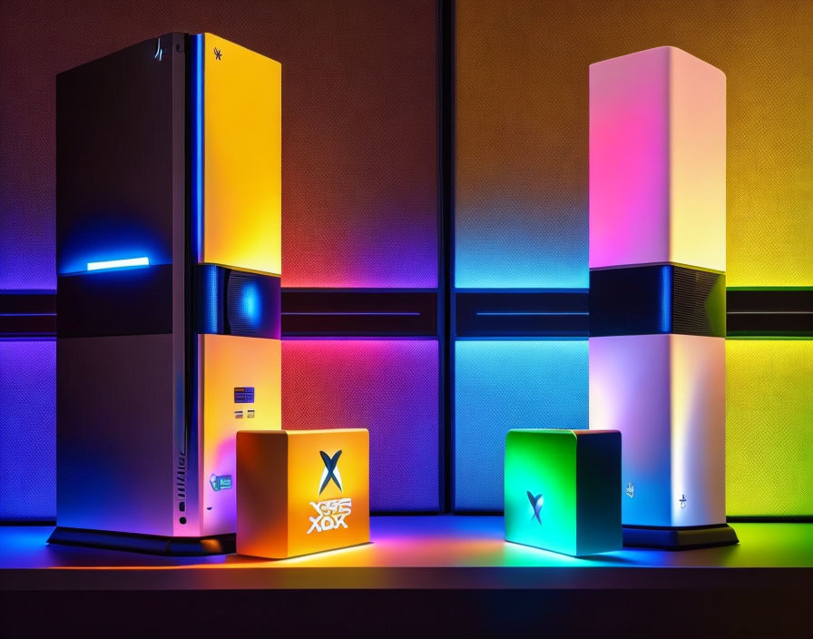 Gaming Consoles and Storage Devices on Neon-lit Background