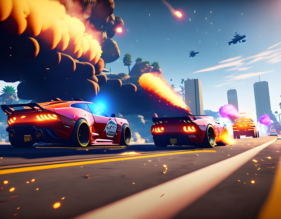 Sports cars racing with turbo boost flames in action-packed city scene.