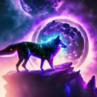 Neon-outlined wolf on rocky outcrop with cosmic backdrop.