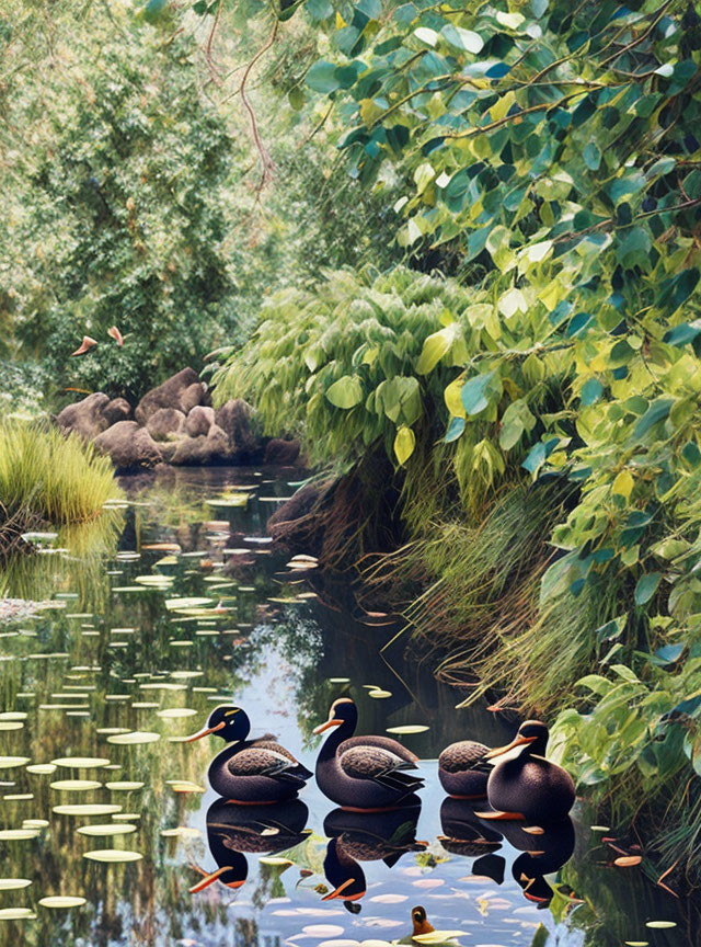 Tranquil pond scene with ducks and lush greenery