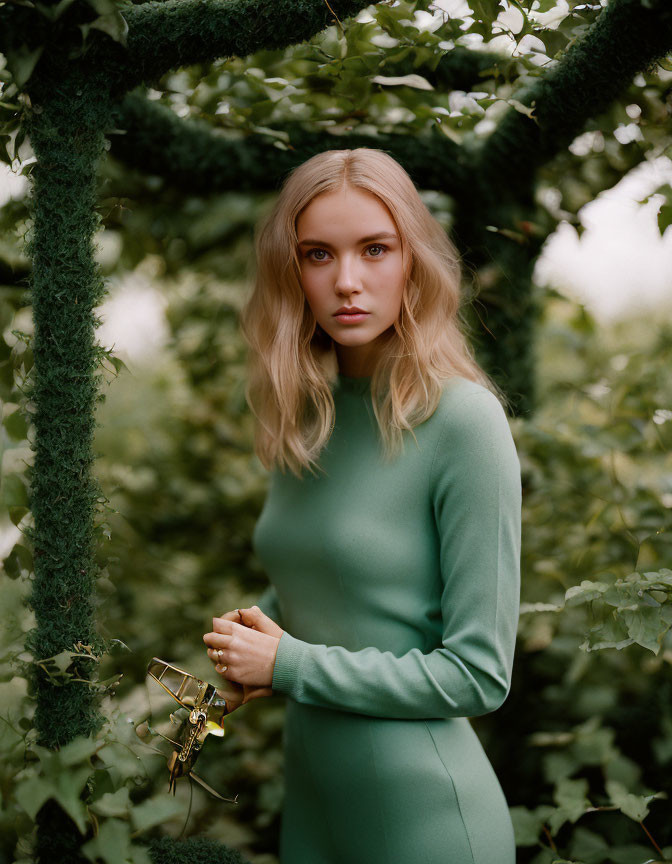 Blonde woman in green dress surrounded by lush greenery