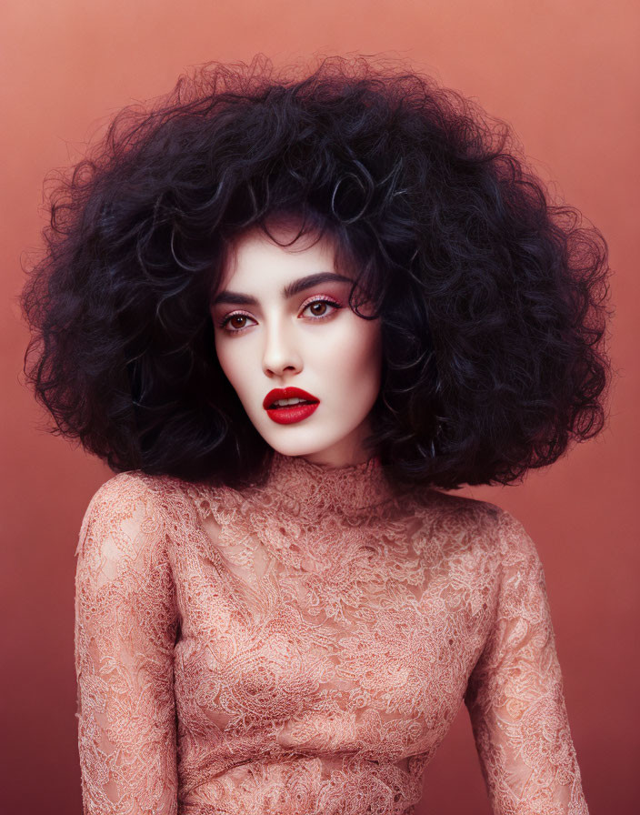 Curly Black Hair Woman in Lace Dress and Striking Makeup