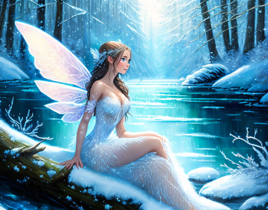 Fantasy illustration of fairy with translucent wings in winter forest