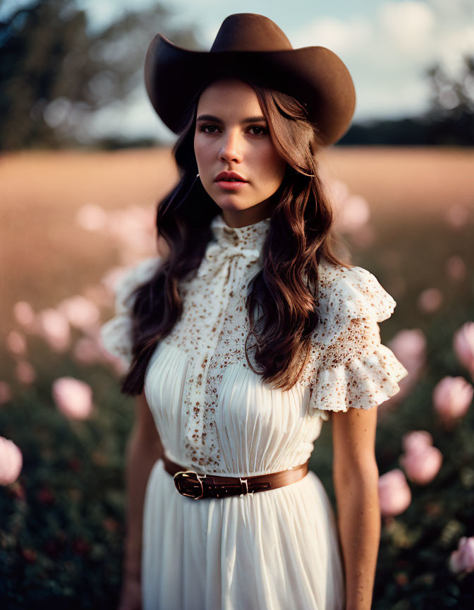 Woman in White Dress and Brown Hat Standing in Field with Pink Flowers