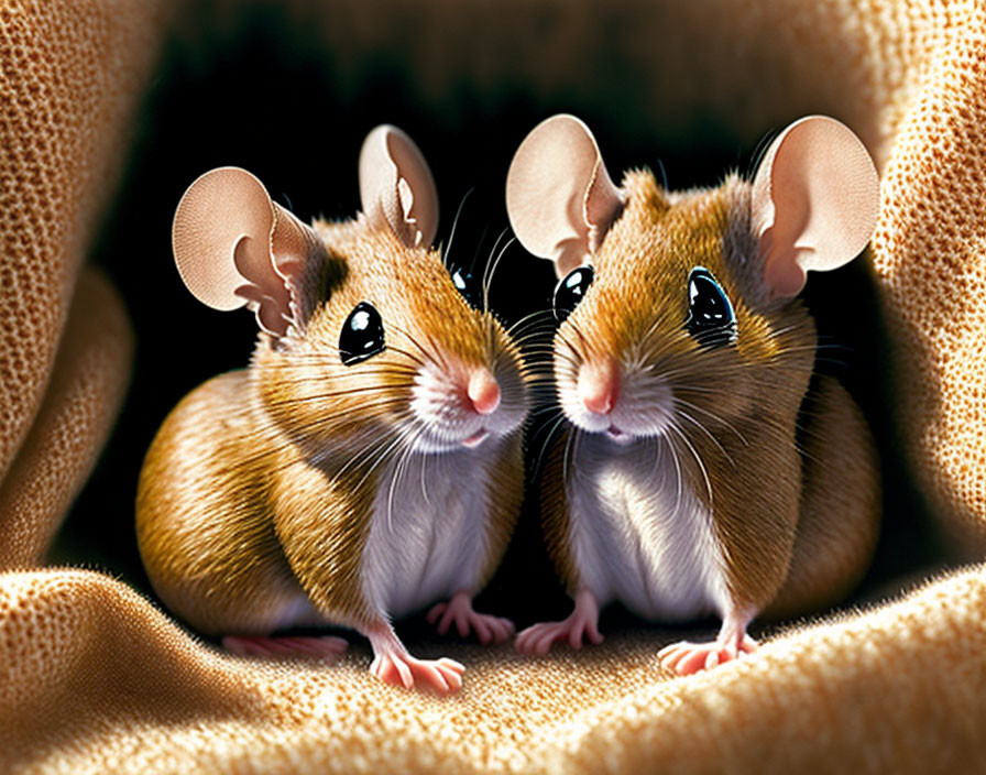 Adorable mice with large ears on textured fabric