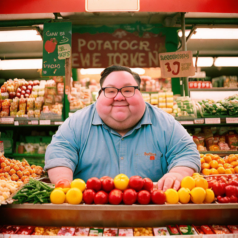 Colorful Vegetable Stand with Cheerful Person in Blue Shirt