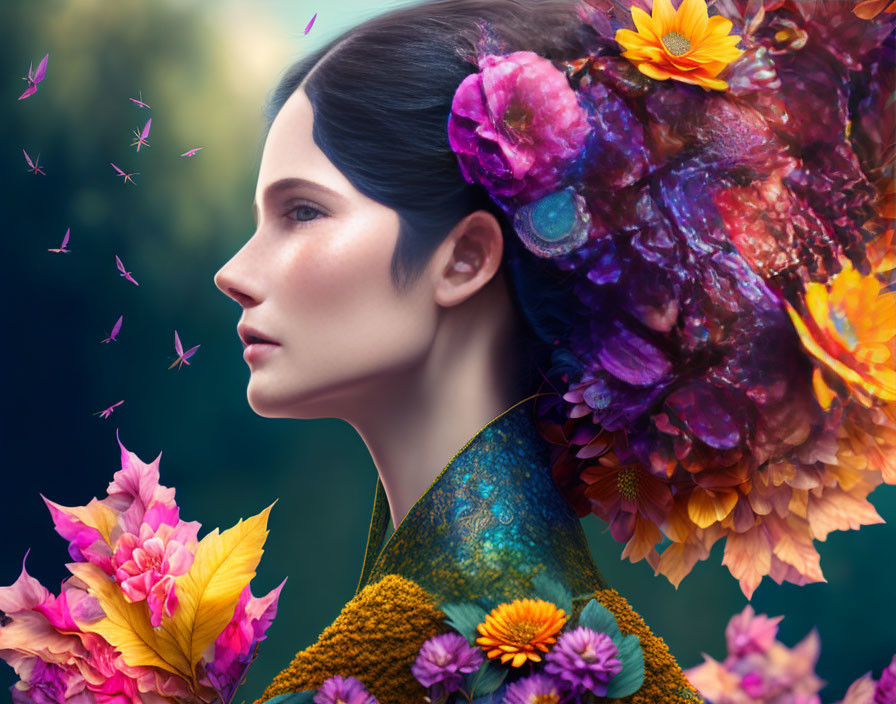 Stylized portrait of woman with dark hair among vibrant flowers and butterflies