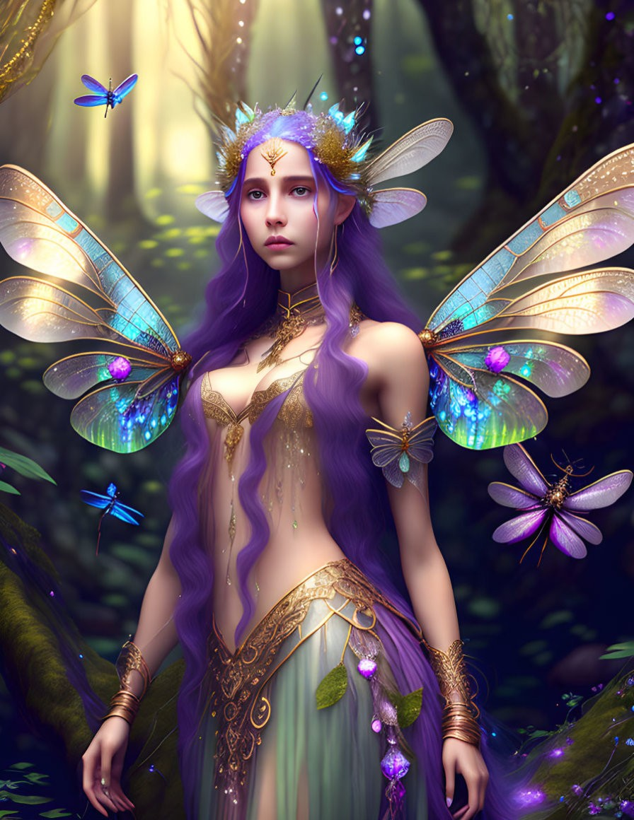 Fantastical figure with purple hair and butterfly wings in enchanted forest