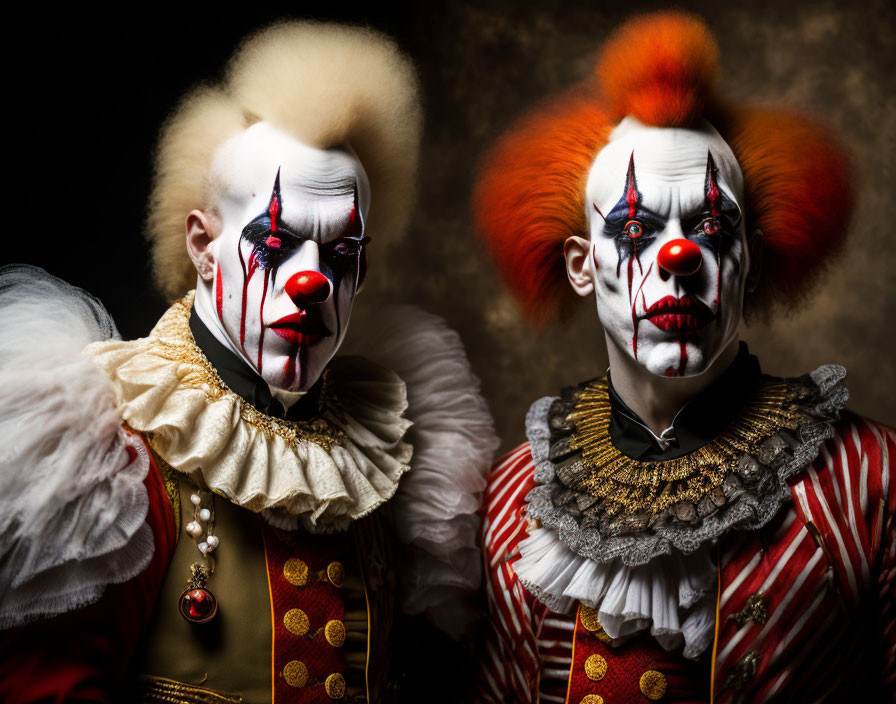 Dramatic white and red clowns in ornate costumes