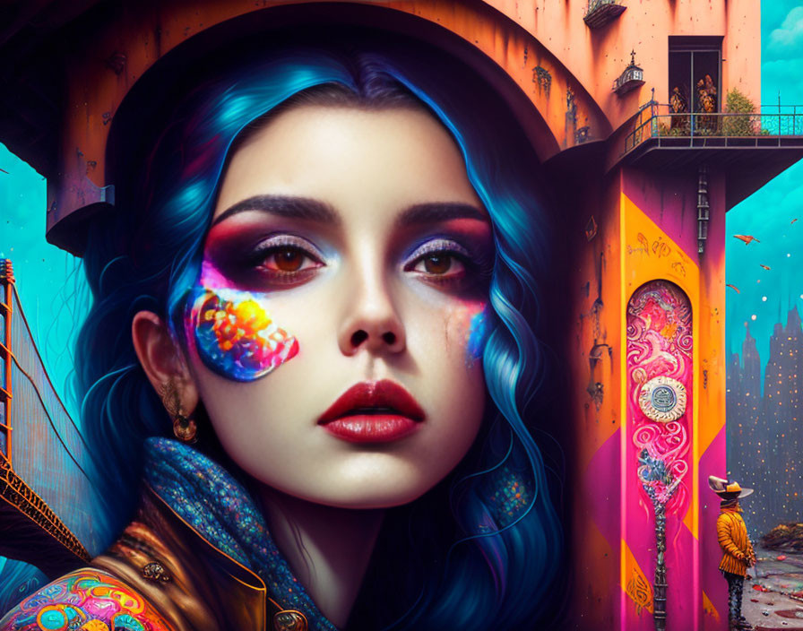 Colorful Urban Portrait of Woman with Vibrant Makeup & Blue Hair