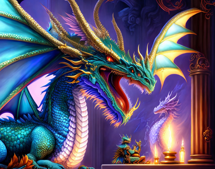 Detailed illustration of vibrant blue dragon in regal chamber