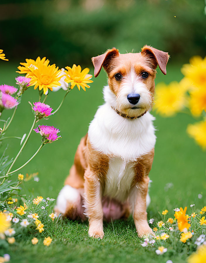 Small Brown and White Dog Surrounded by Colorful Flowers in Lush Green Garden