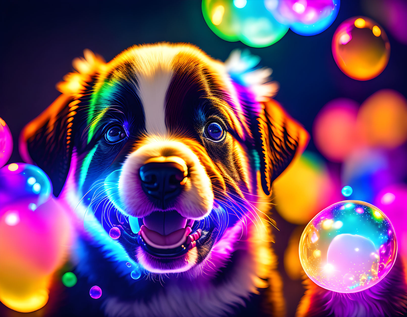 Vibrant portrait of happy dog with glowing bubbles on dark background