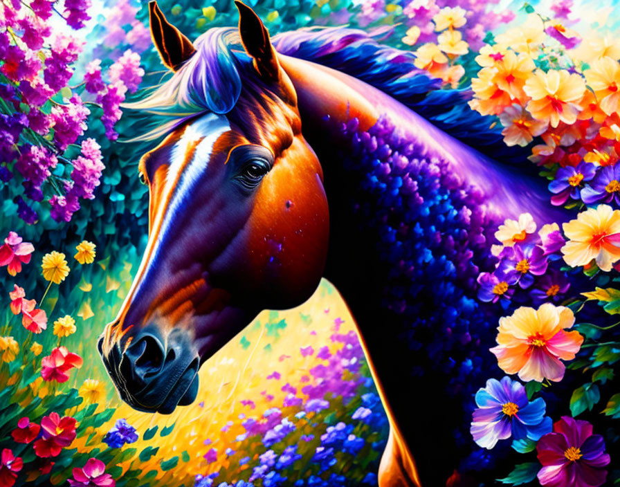 Colorful Horse Artwork with Vibrant Mane and Flower Background