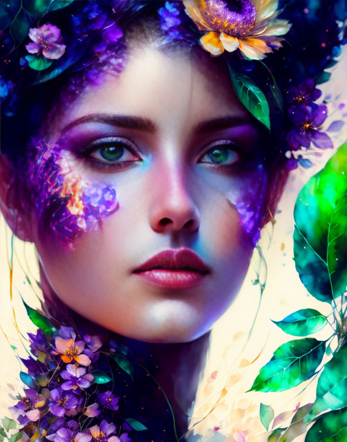 Colorful portrait of woman with floral designs merging into face