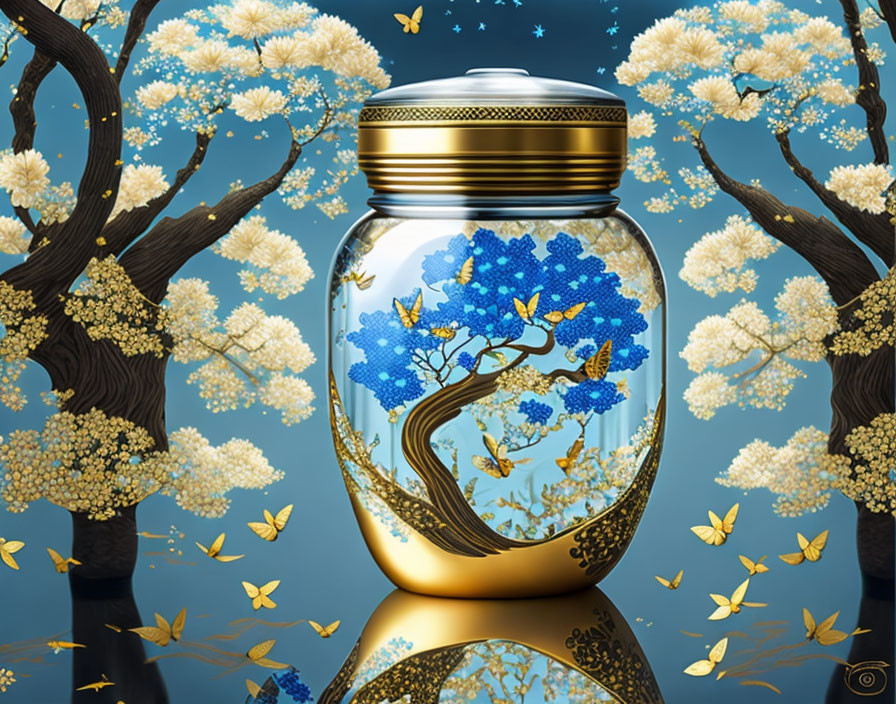 Glass jar with metallic lid showcasing blue and gold tree scene with blossoms and butterflies