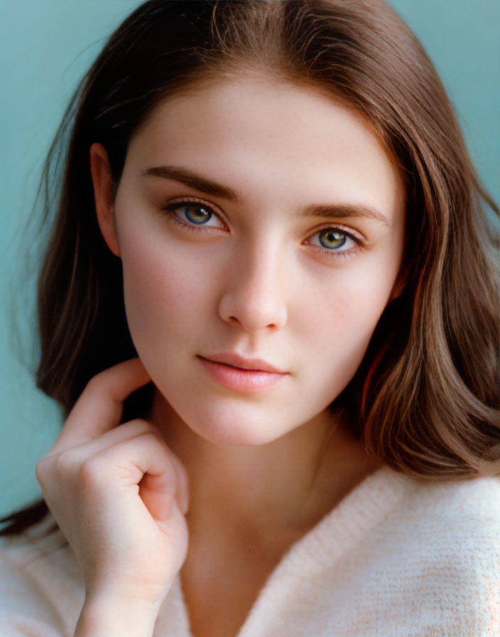 Young woman with brown hair and green eyes in light sweater poses with hand near chin