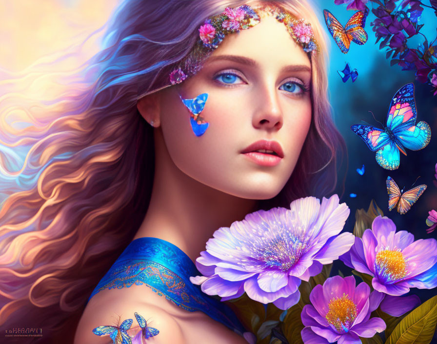 Digital Artwork: Woman with Blond Hair, Flowers, Butterflies in Purple & Blue