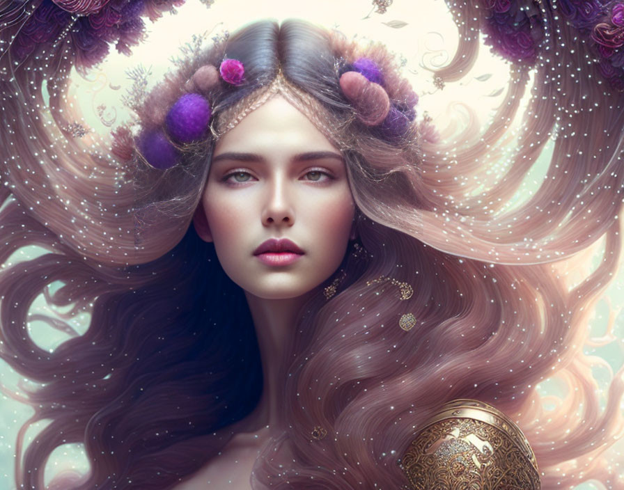 Fantasy portrait of woman with flowing hair and purple flowers on pastel backdrop