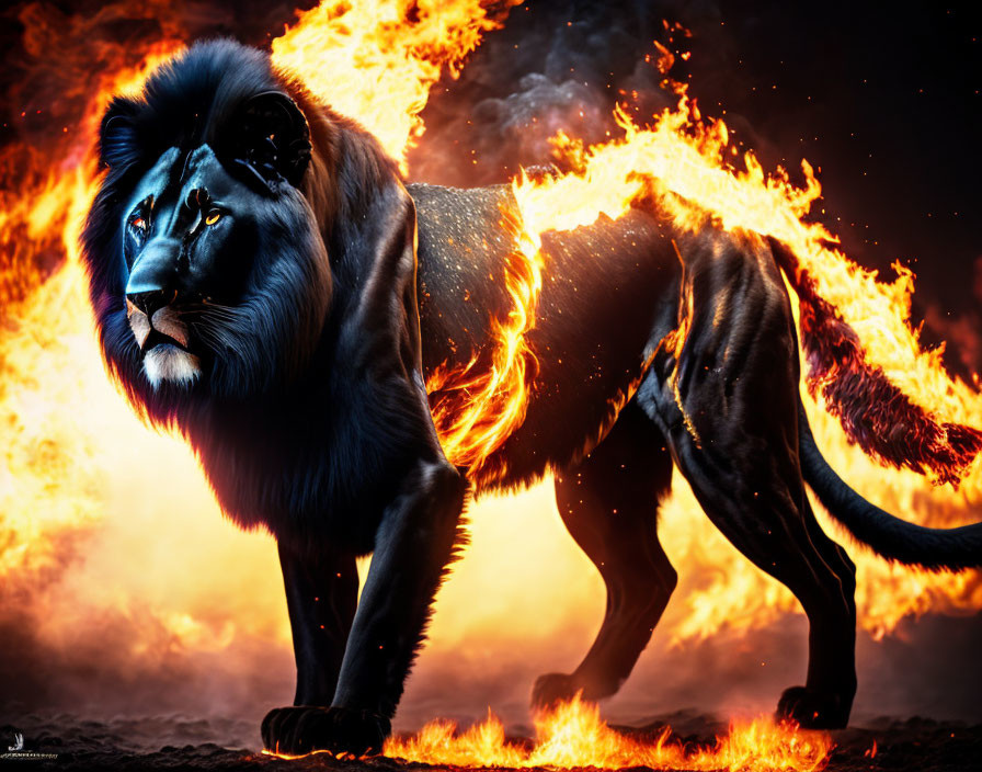 Majestic black-maned lion with fiery mane against inferno backdrop