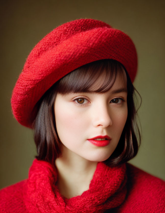 Woman in Red Beret and Lipstick Poses in Elegant Attire