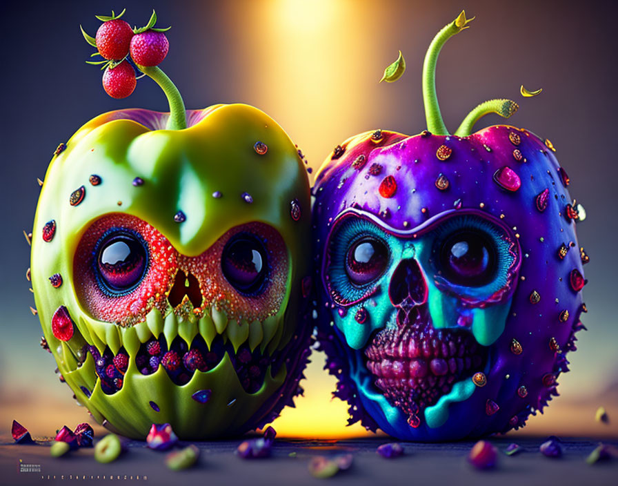 Colorful Skull-Shaped Fruits: Green Apple & Purple Blueberry on Warm Background