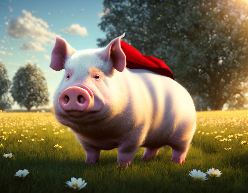 Cartoon pig with red cape in sunny meadow with white flowers