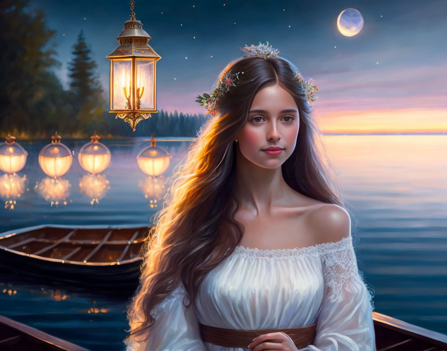 Woman with floral crown by lake with lanterns, boat, and moon at twilight