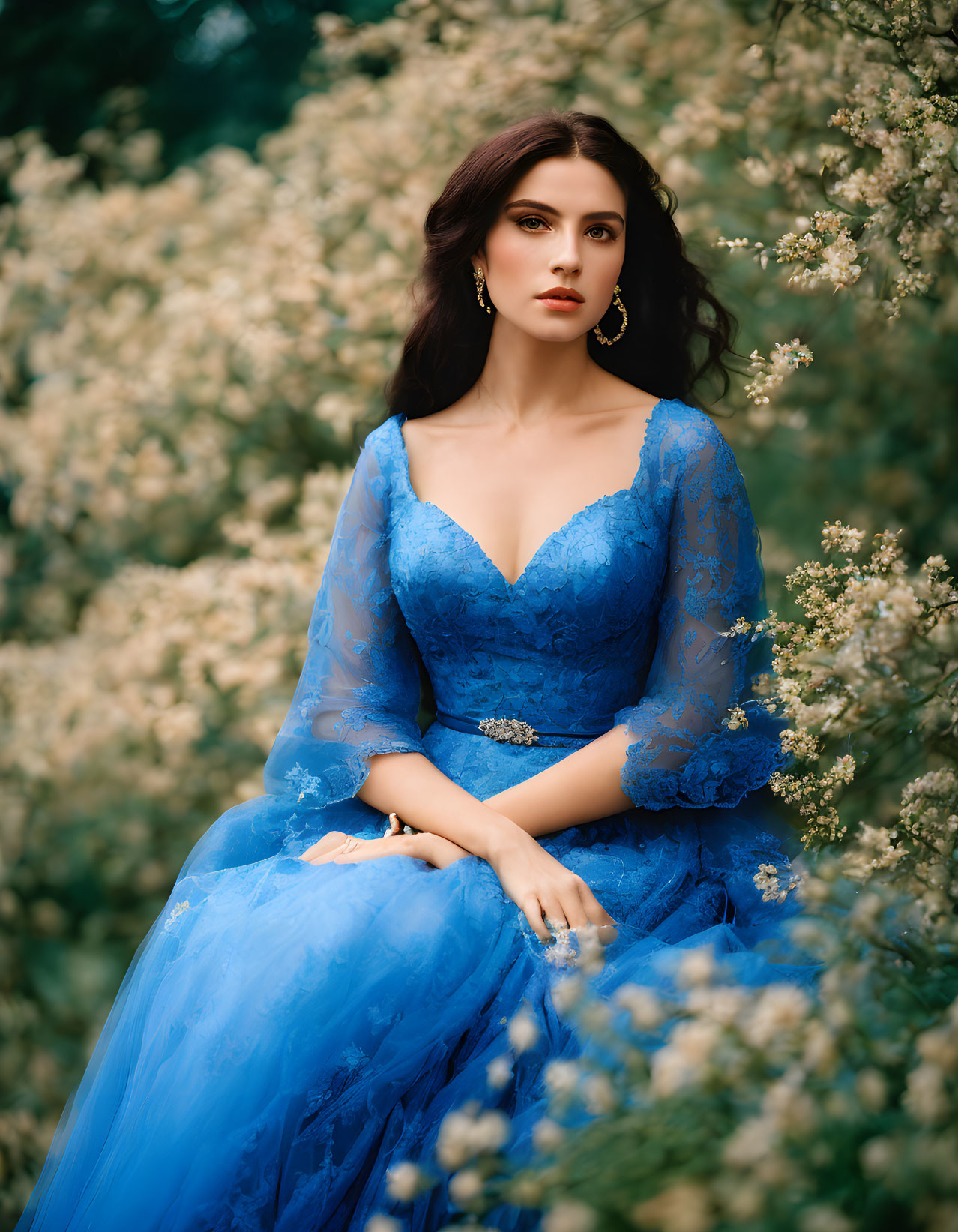 Woman in Blue Gown Surrounded by White Flowers