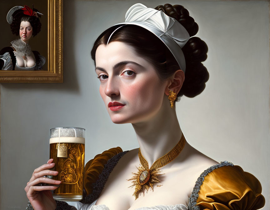 Historical woman with beer stein and portrait in background