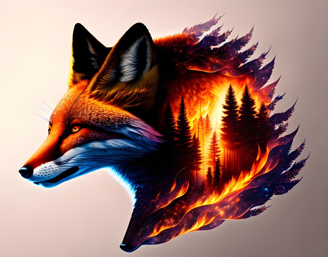 Fox head merged with fiery forest, symbolizing wildlife and wildfire fusion.