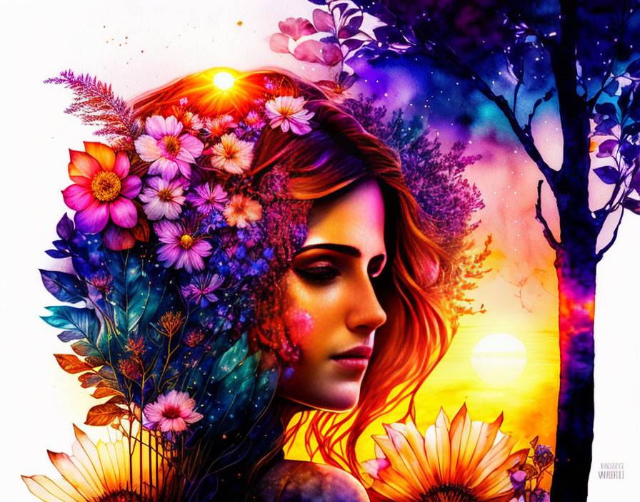 Colorful Flower Hair Woman Profile Illustration: Starry Night Sky & Sunset